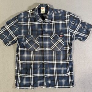 Dickies Mens Flannel Plaid Button Up Short‎ Sleeve Shirt Large Blue Workwear